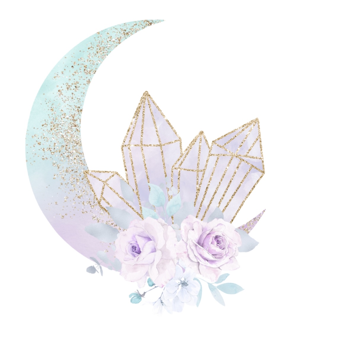 Awakened by Karla Maree crescent moon artwork with crystals and roses